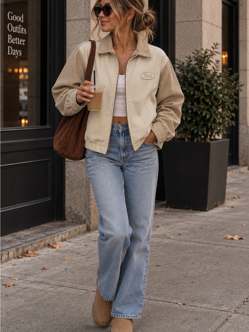 Women's Beige Corduroy Bomber Jacket with Zip Front